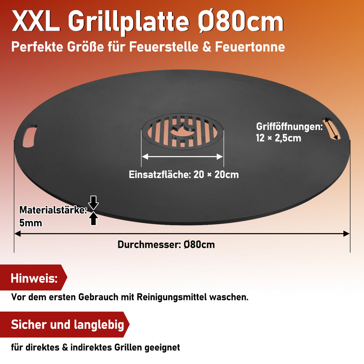 Randaco Carbonstahl Feuerplatte Ø 80 cm mit Grilleinsatz und Handschuhen, Grillplatte für Feuertonne und Feuerschale, Plancha Grillring für BBQ und Teppanyaki