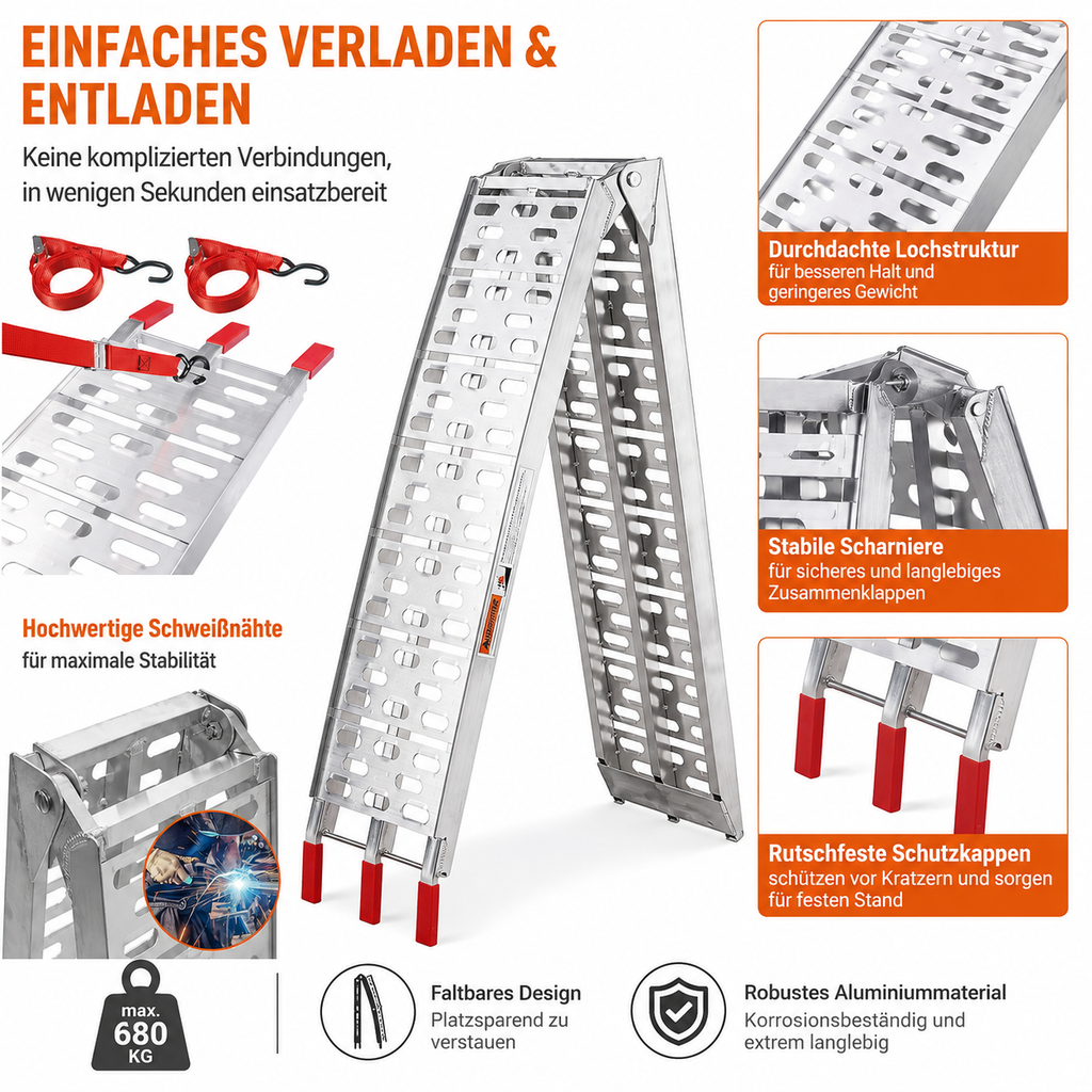 Randaco Klapp‑Beladerampe aus Aluminium 680 kg Tragfähigkeit 226cm