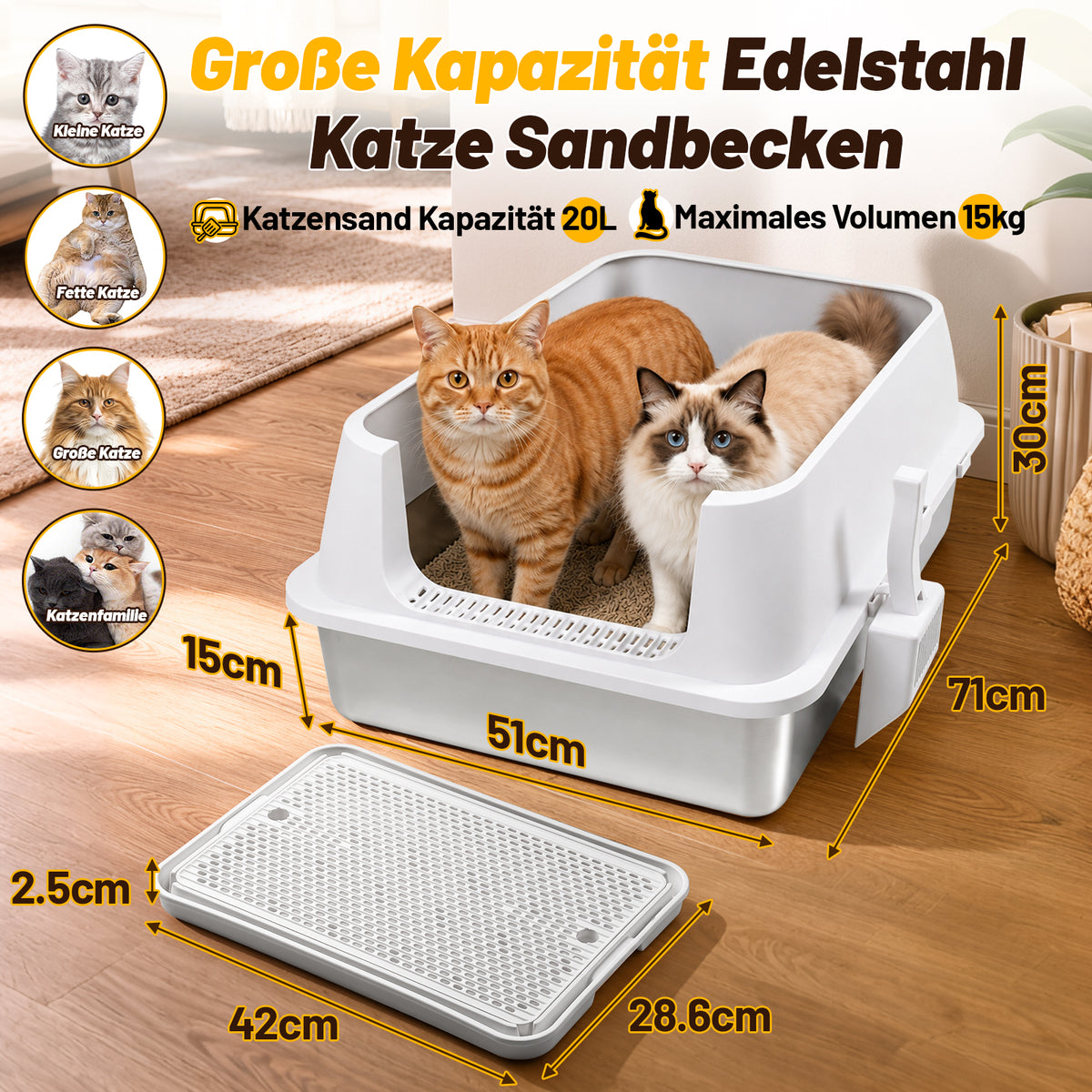 Randaco Edelstahl Katzenklo XXXL mit hohem Rand 71 x 51 x 30 cm Weiß Offene Katzentoilette für große Katzen und Mehrkatzenhaushalte,mit hoher Seitenwand,Trittmatte und Streuschaufel