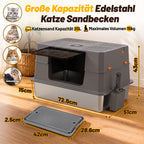 Randaco Edelstahl Katzenklo XXXL mit Klappdeckel 72.8 x 51 x 43 cm Halboffene Katzentoilette mit 90° Seitenklappe Aktivkohlefilter Schaufelhalter Trittmatte und herausnehmbarer Edelstahlwanne