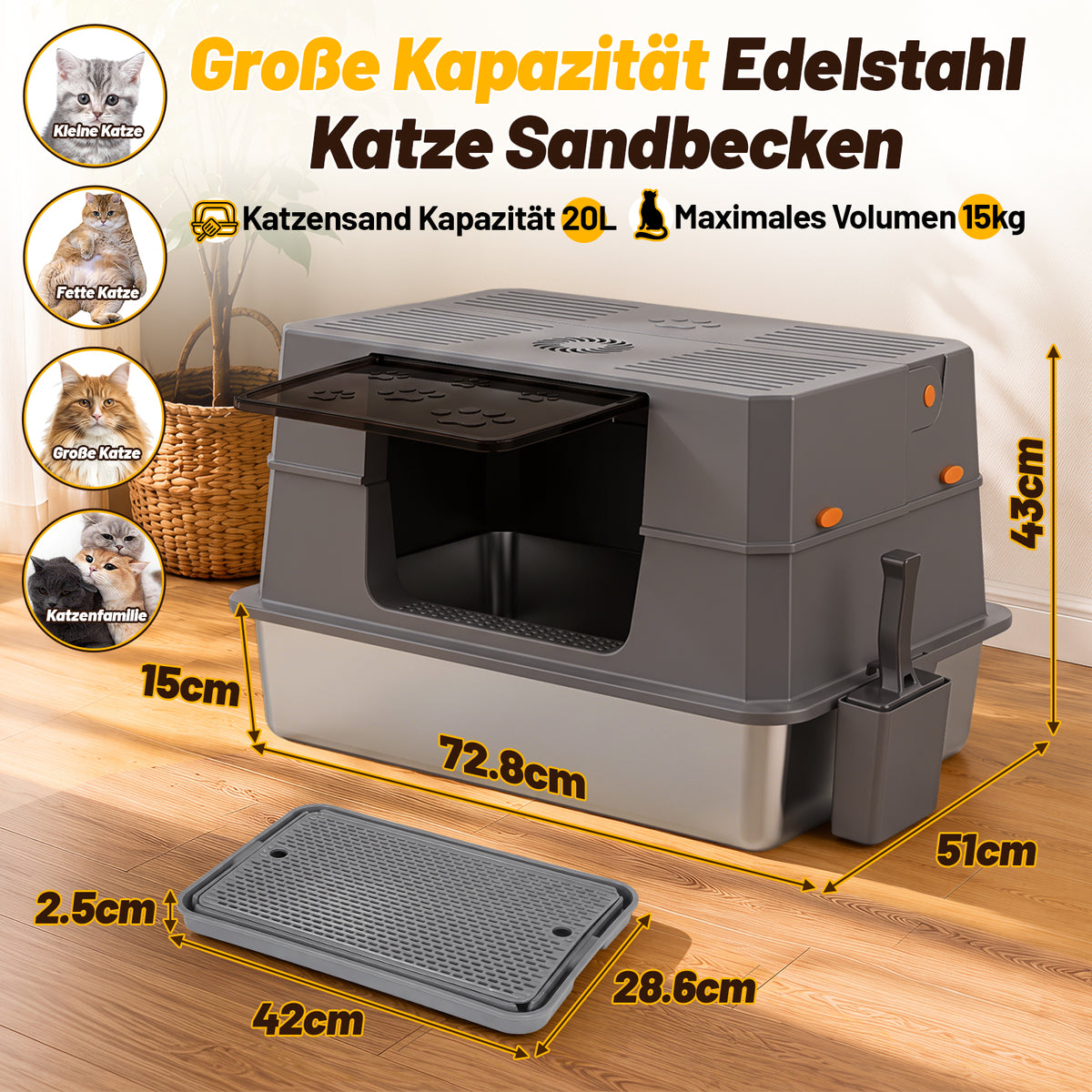 Randaco Edelstahl Katzenklo XXXL mit Klappdeckel 72.8 x 51 x 43 cm Halboffene Katzentoilette mit 90° Seitenklappe Aktivkohlefilter Schaufelhalter Trittmatte und herausnehmbarer Edelstahlwanne