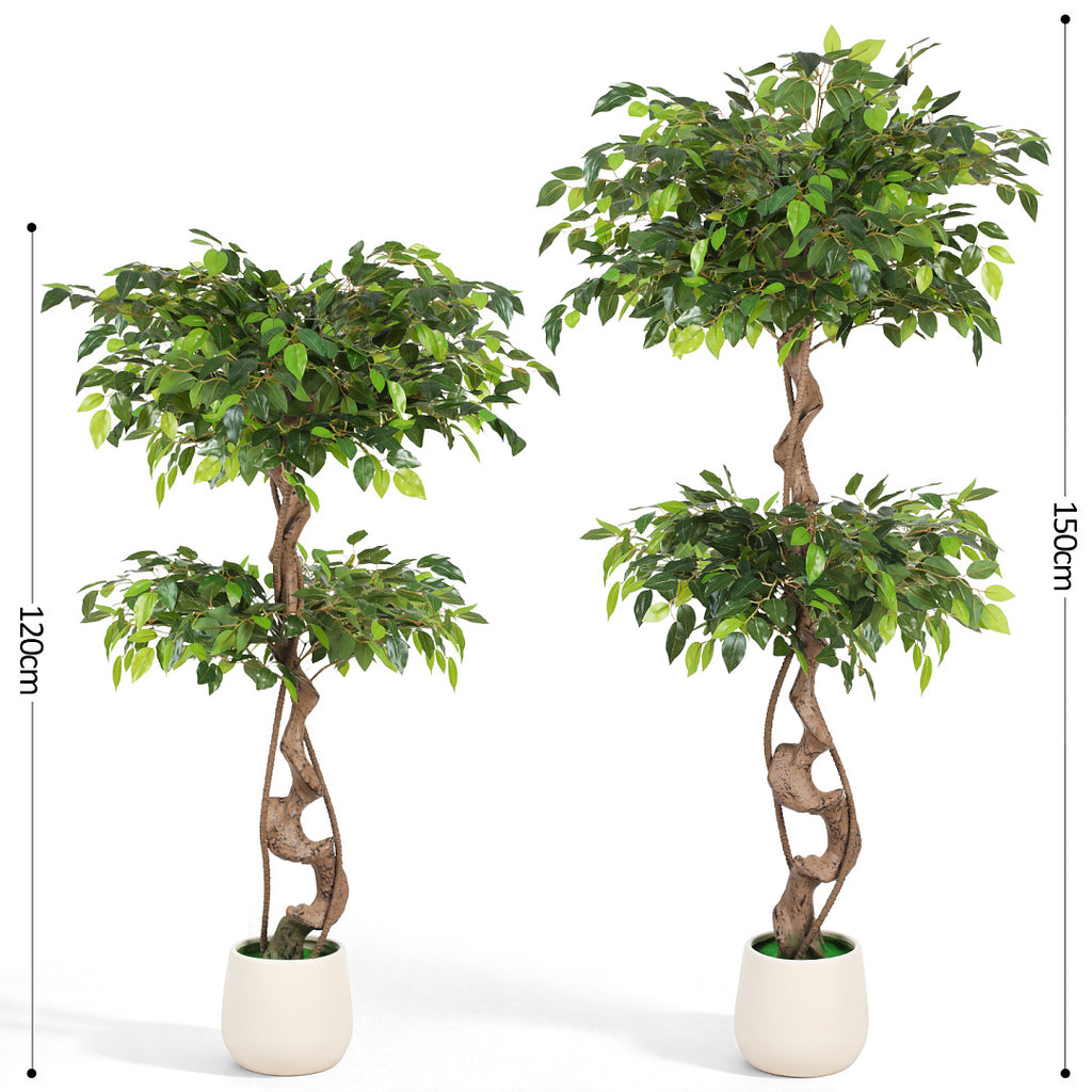 Randaco Künstlicher zweistufiger Ficus‑Baum mit weißem Topf dekorative Zimmerbegrünung für Innenräume 120 cm/150 cm