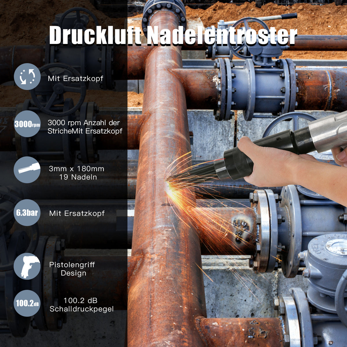 Randaco Druckluft-Nadelentroster mit Ersatzdüse – 19 x 3 mm Nadeln, 3000 U/min, Rost- & Farbentferner