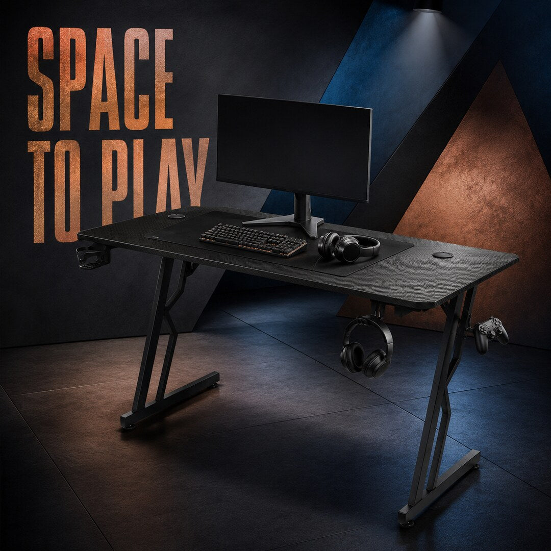Randaco Gaming-Schreibtisch – Computertisch mit Z-Rahmen, Kohlefaser-Optik & Headset-Halter