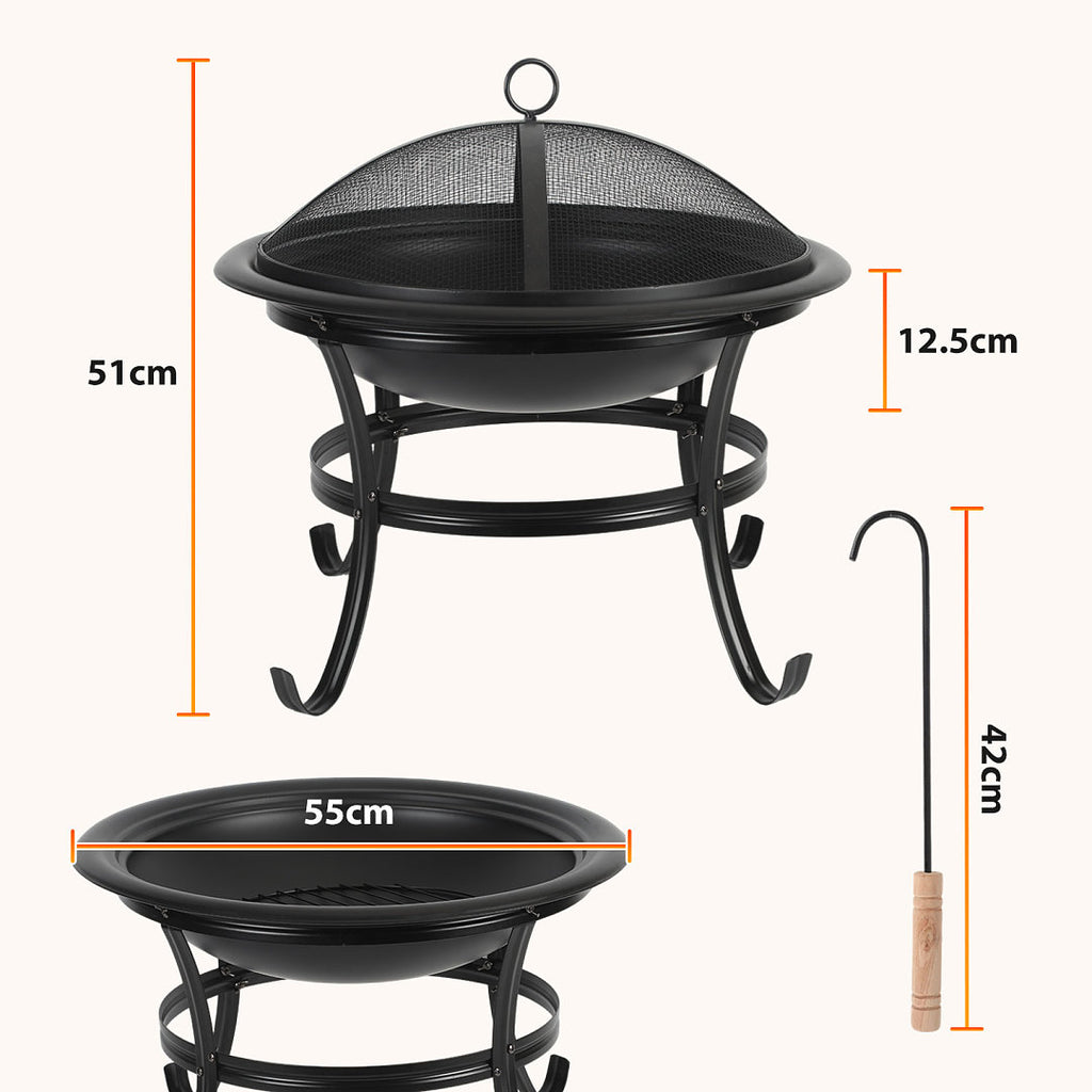 Randaco Holzfeuerschale 55 cm mit Funkenschutzgitter, Holzrost & Schürhaken – für Garten, Terrasse, Camping & Strand