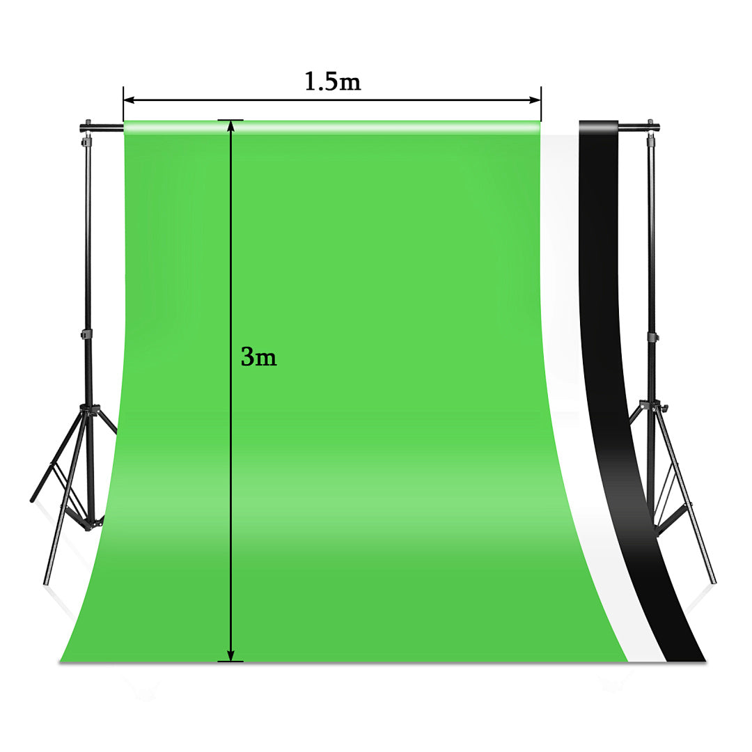 Randaco Verstellbares Fotostudio-Hintergrundset mit 3 Hintergrundtüchern – inkl. Klammern, Sandsäcken & Tragetasche