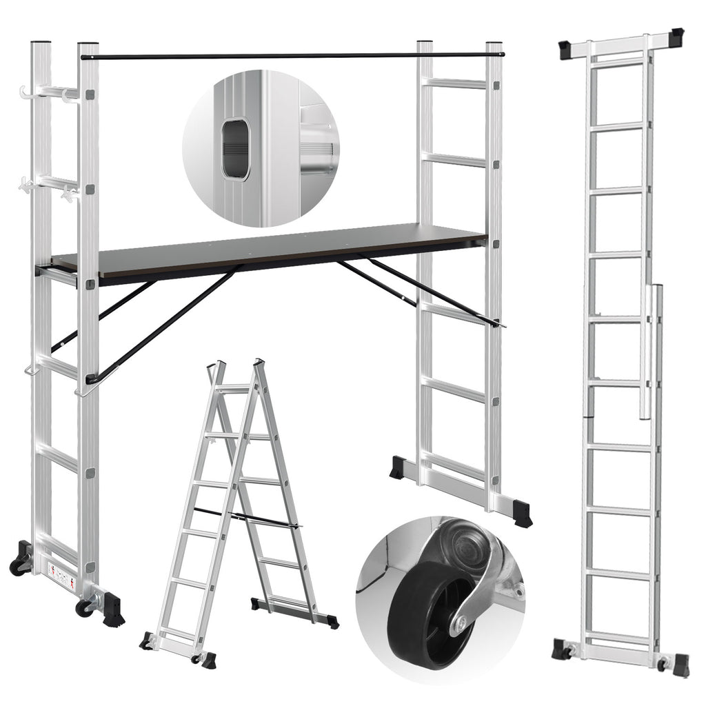Randaco Gerüst 4‑in‑1 Mehrzweckleitern aluminium 6+6 Stufen mit Plattform & Rollen bis 150 kg belastbar
