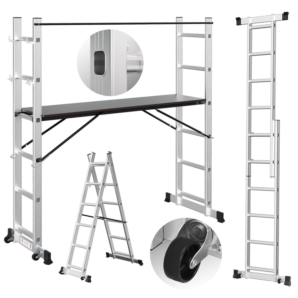 Randaco Gerüst 4‑in‑1 Mehrzweckleitern aluminium 6+6 Stufen mit Plattform & Rollen bis 150 kg belastbar