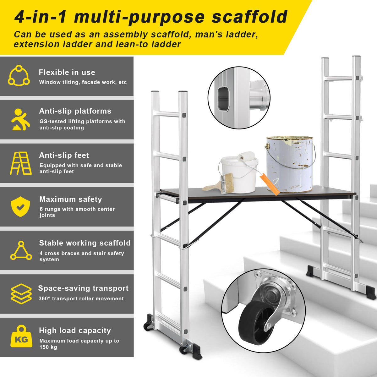 Randaco Gerüst 4‑in‑1 Mehrzweckleitern aluminium 6+6 Stufen mit Plattform & Rollen bis 150 kg belastbar