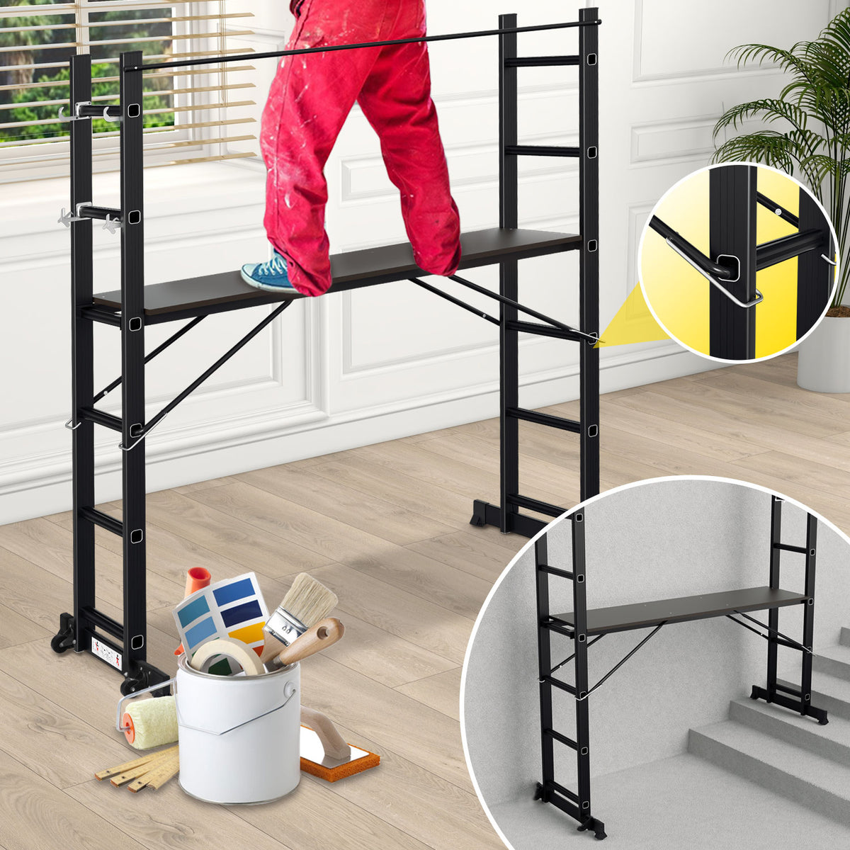 Randaco Gerüst 4‑in‑1 Mehrzweckleitern aluminium 6+6 Stufen mit Plattform & Rollen bis 150 kg belastbar