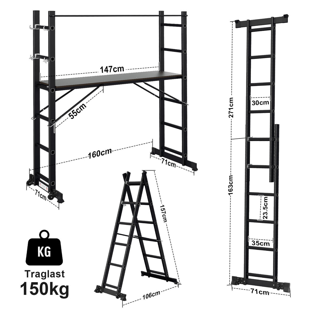 Randaco Gerüst 4‑in‑1 Mehrzweckleitern aluminium 6+6 Stufen mit Plattform & Rollen bis 150 kg belastbar