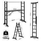 Randaco Gerüst 4‑in‑1 Mehrzweckleitern aluminium 6+6 Stufen mit Plattform & Rollen bis 150 kg belastbar