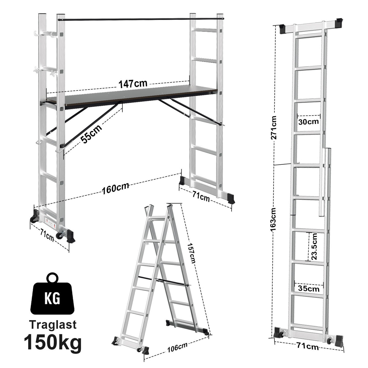 Randaco Gerüst 4‑in‑1 Mehrzweckleitern aluminium 6+6 Stufen mit Plattform & Rollen bis 150 kg belastbar